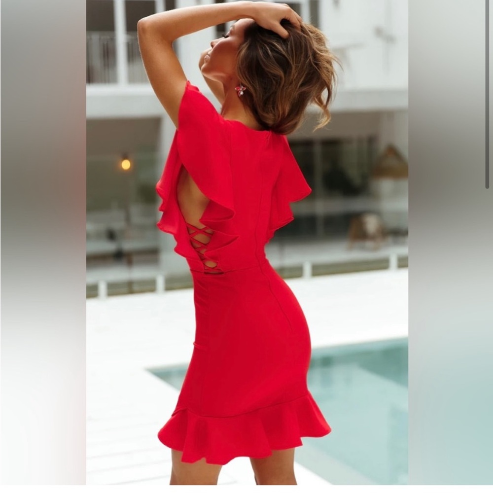 HELLO MOLLY “Take Chances” Red Dress with ruffled trim cutout side detail